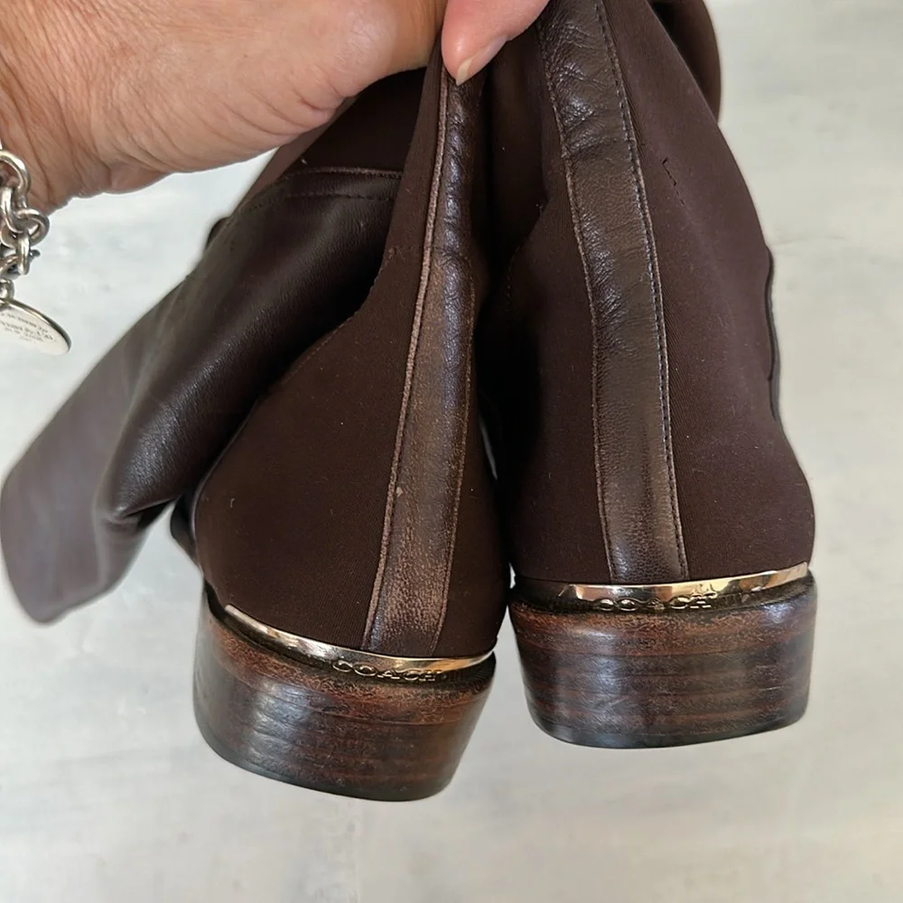 Coach Lilac Tall Boots Brown Leather Fabric Stretch Panel Size 10 Buckle Classy - Picture 12 of 16